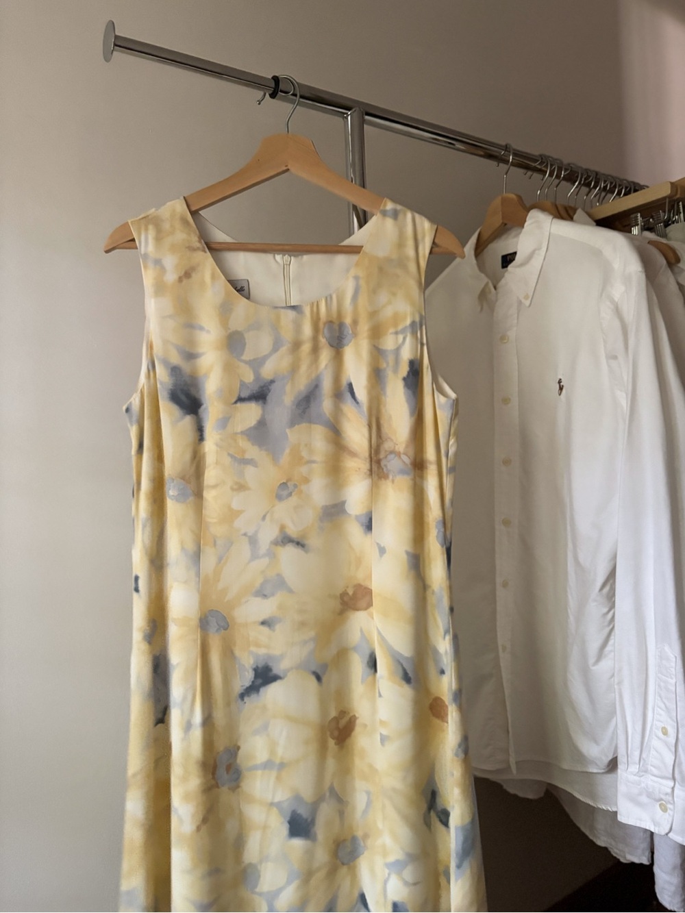 1990s Yellow & Blue Floral Maxi Dress